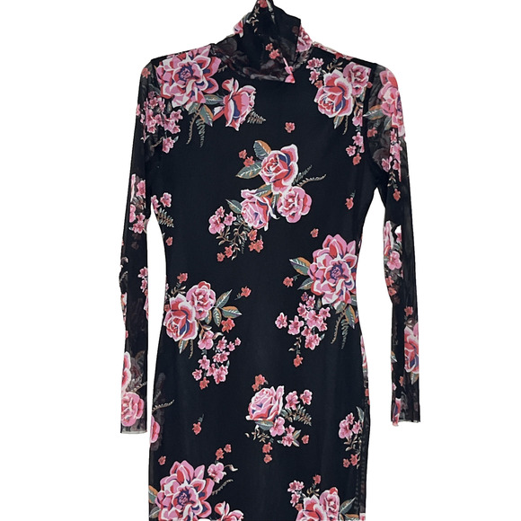 Harlow & Rose Mesh Sheath Midi Dress Small Black Floral Sheer Long Sleeve 90s - Picture 3 of 11
